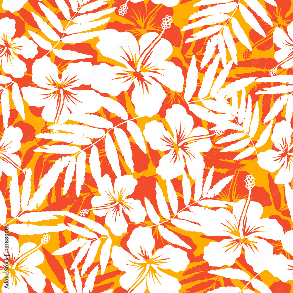 Foto auf Acrylglas mit Orange und weiße tropische Blumen Silhouetten Vektor nahtloses Muster #121880001