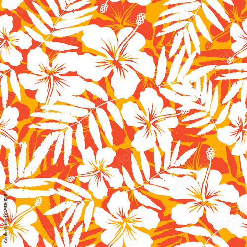 Orange and white tropical flowers silhouettes vector seamless pattern