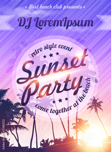 Violet sunset sky with palms silhouettes vector beach party poster template