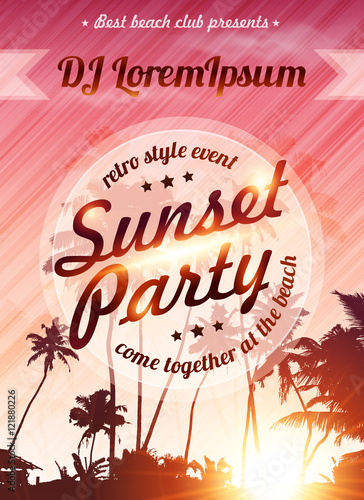 Sunset beach party vector pink shining poster template