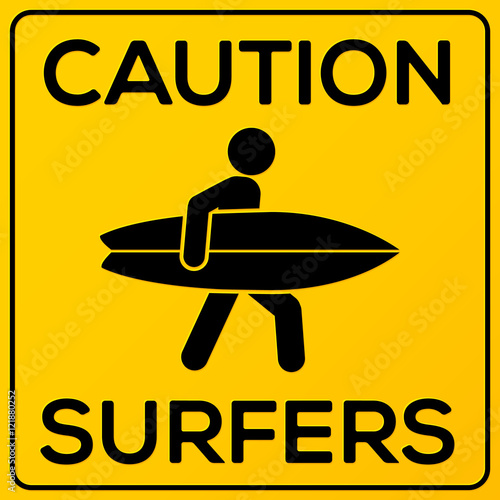 Yellow and black square caution vector sign with surfer