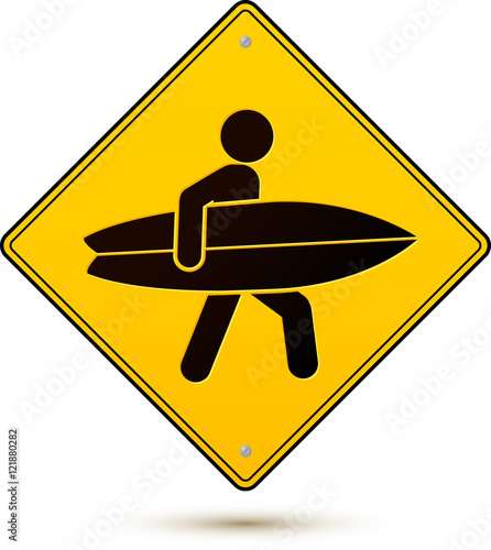 Yellow and black vector caution sign with surfer