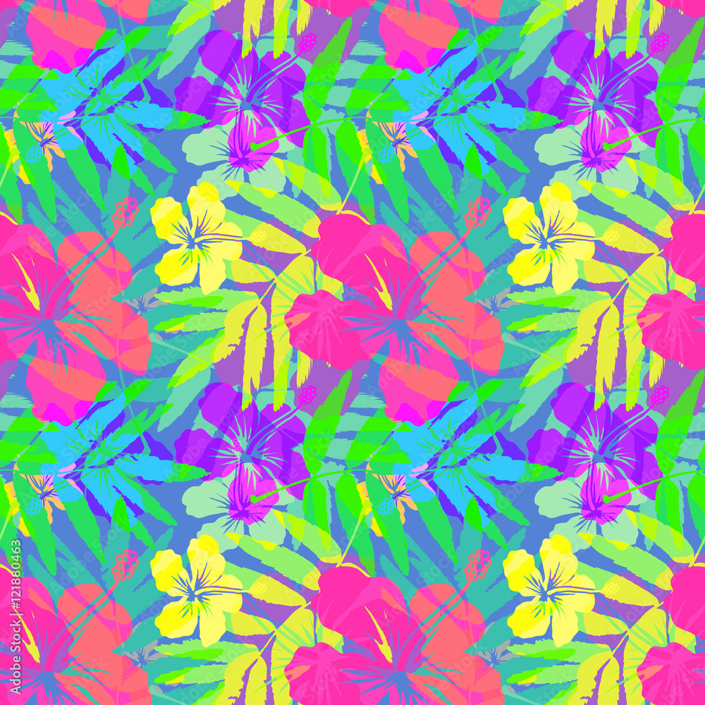 Vivid tropical flowers and leaves vector seamless pattern tile