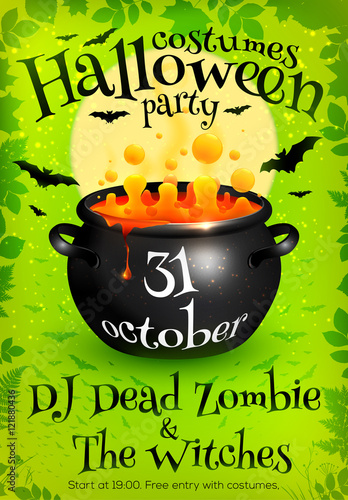 Bright green vector Halloween party poster template with orange witches brew in cauldron, moon and bats