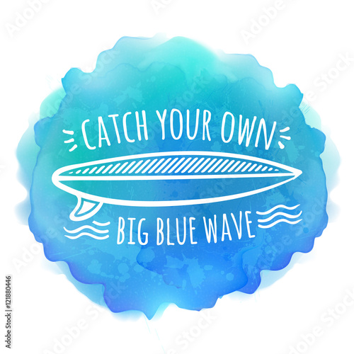 Surfing board white logo on blue watercolor vector background