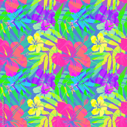Vivid tropical flowers and leaves vector seamless pattern tile