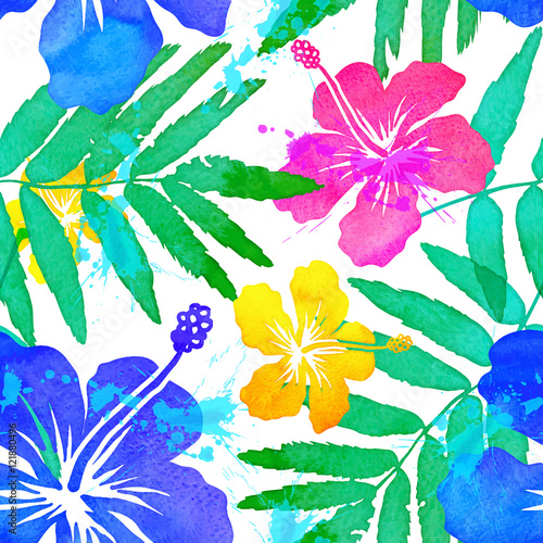 Fototapeta Naklejka Na Ścianę i Meble -  Vivid colors bright tropical flowers watercolor vector seamless pattern