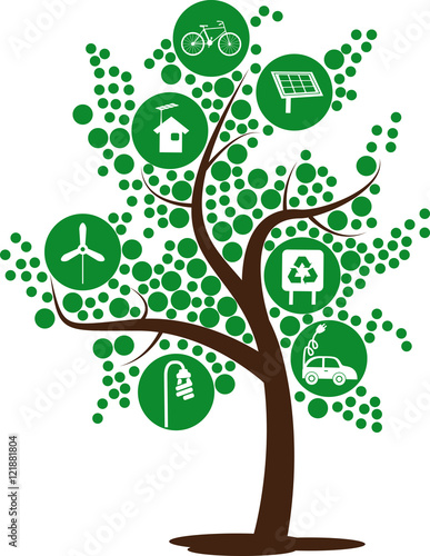 Ilustração contendo vários elementos de sustentabilidade para uma vida ecologicamente correta