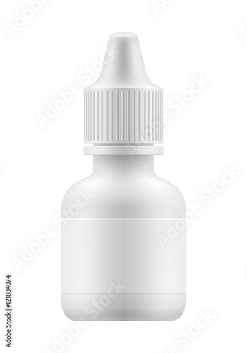 Nasal or eye spray for nose or eye health. Realistic white plastic container for fluid. Mockup bottle with medical drug for nose or eye . Pharmacy blank packing medication vector illustration
