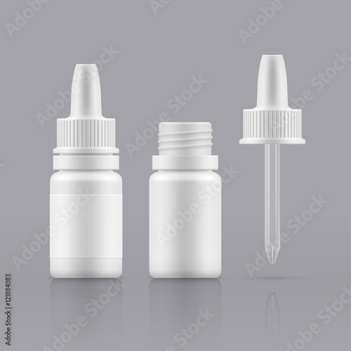 Nasal or eye dropper for nose or eye health. Realistic white plastic container for fluid with pipette. Mockup bottle with medical drug for nose or eye . Pharmacy blank packing vector illustration