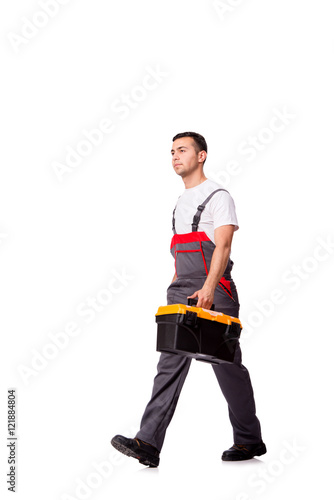 Young man with toolkit toolbox isolated on white