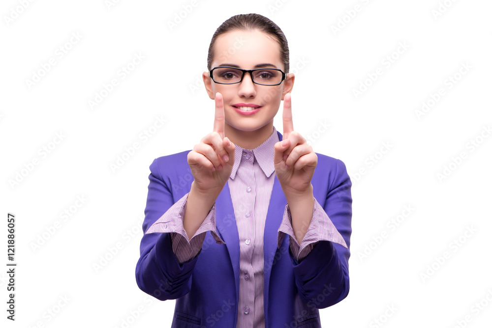 Businesswoman pressing virtual button isolated on white Businesswoman pressing virtual button isolated on white