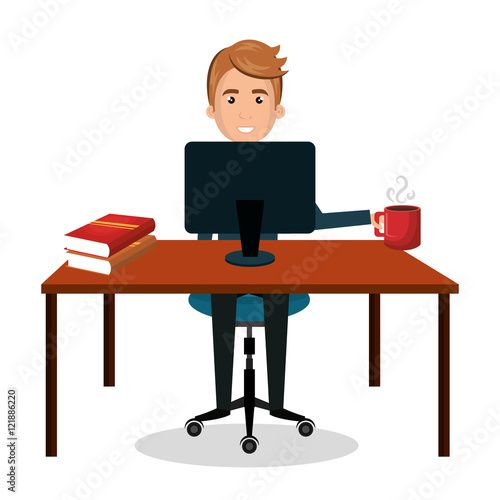 man cartoon working laptop with book and cup coffee design vector illustration eps 10 © Gstudio