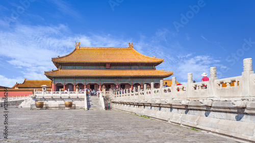 Elevated walkway with ornate balustrade to pavilion, Palace Museum, Beijing, China