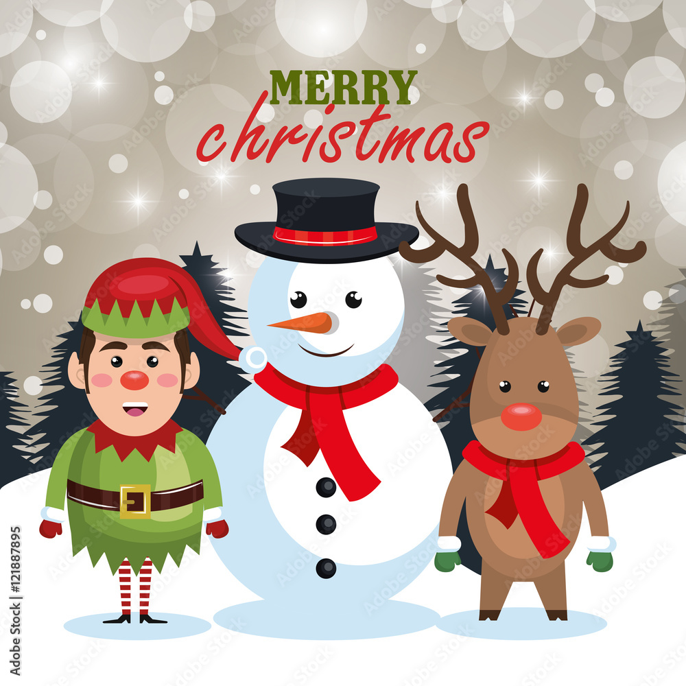 card christmas santa elf and reindeer snow and pine vector illustration card christmas santa elf and reindeer snow and pine vector illustration