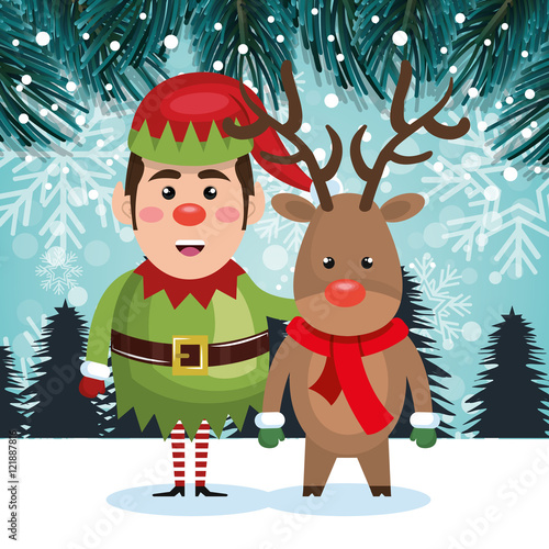 elf and reindeer landscape christmas card vector illustration eps 10
