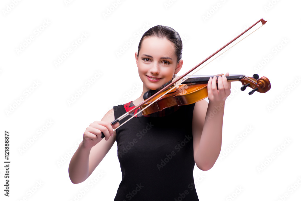 Elegant young violin player isolated on white