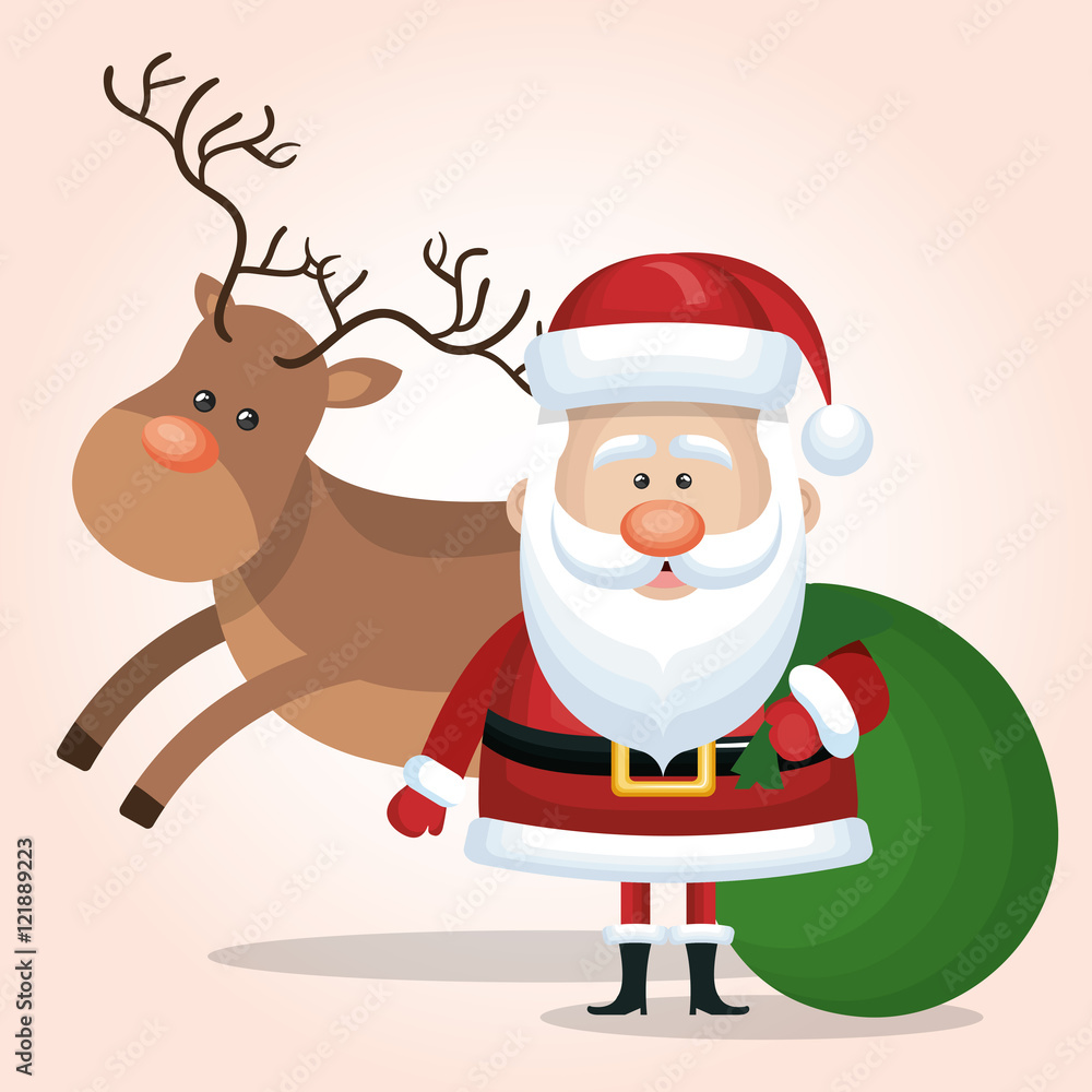 santa calus card reindeer and bag gift green vector illustraion