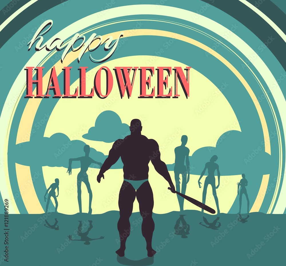 Zombie silhouettes on sunset. Halloween theme background. Bodybuilder with a baseball bat stops zombies