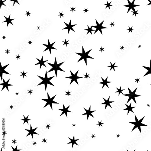 Seamless black, white abstract pattern with stars. Memphis style, 80th.