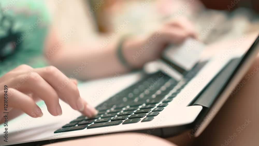 Female hand holding a credit card and a laptop computer. Female hand holding a credit card and a laptop computer.