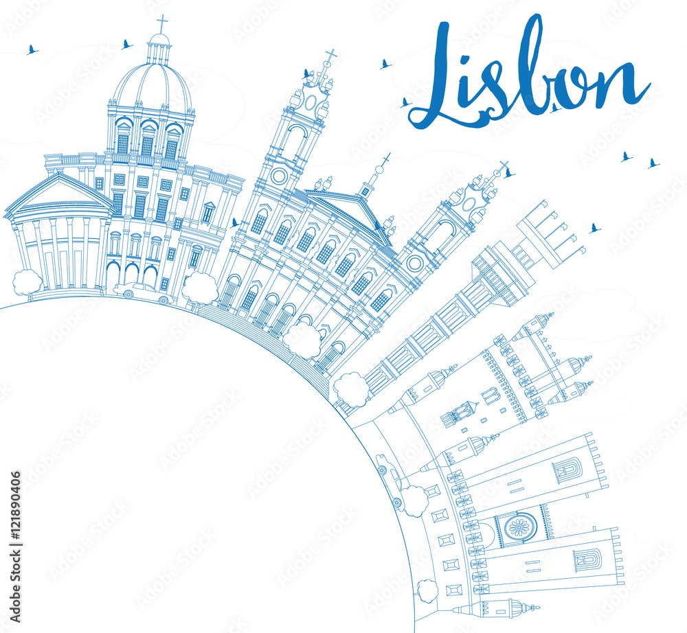 Outline Lisbon Skyline with Blue Buildings and Copy Space.