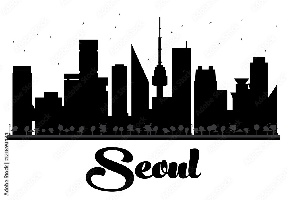 Seoul City skyline black and white silhouette.