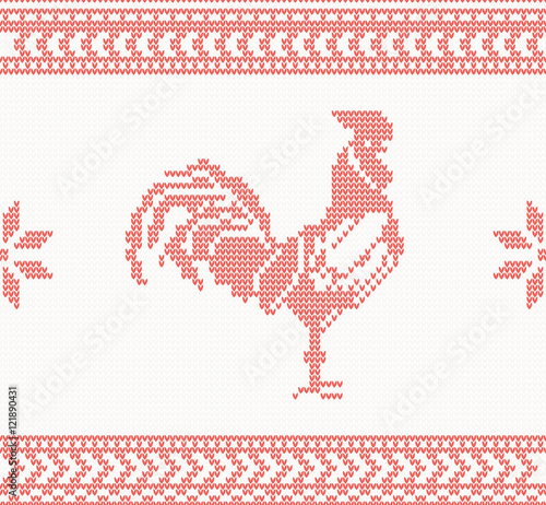 Knitted Rooster Seamless Pattern in Red Color.