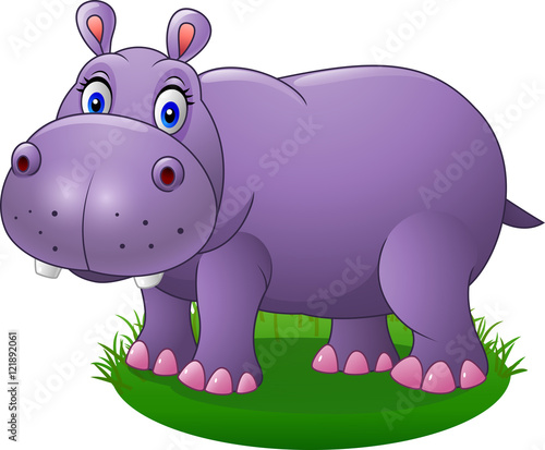 Cute cartoon hippo on the grass