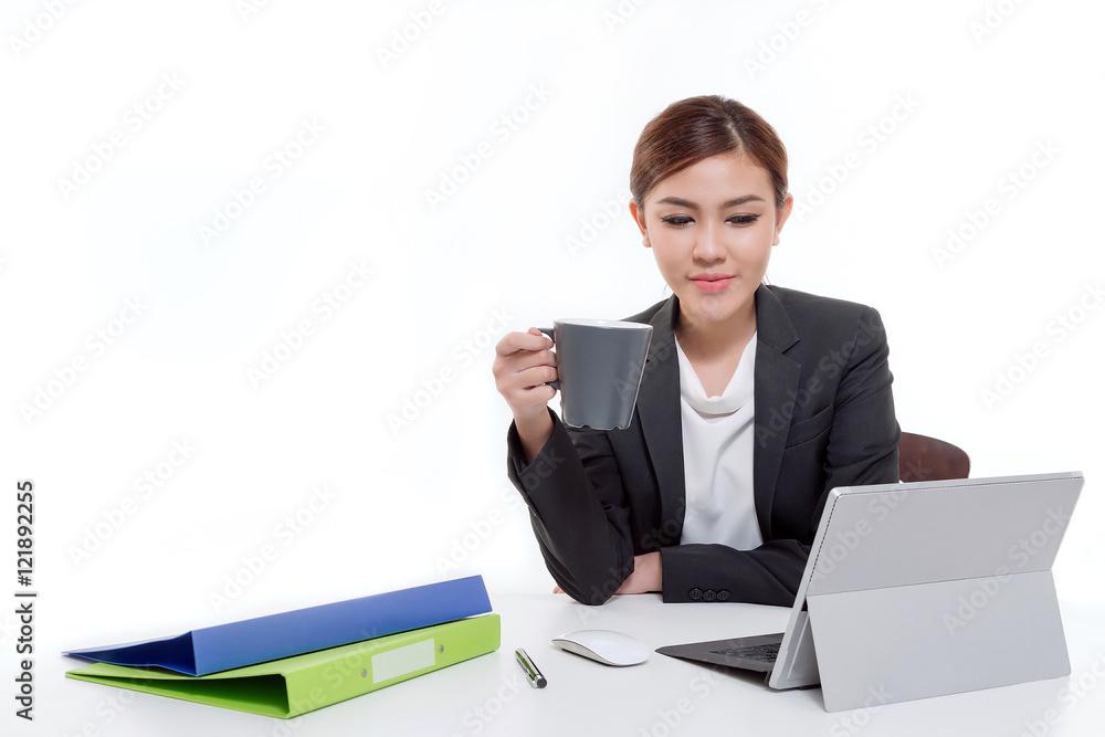 Portrait beautiful asian woman using laptop , Document and computer on the table, Holding coffee cup. Portrait beautiful asian woman using laptop , Document and computer on the table, Holding coffee cup.