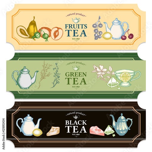 Black tea fruit tea green tea labels vector