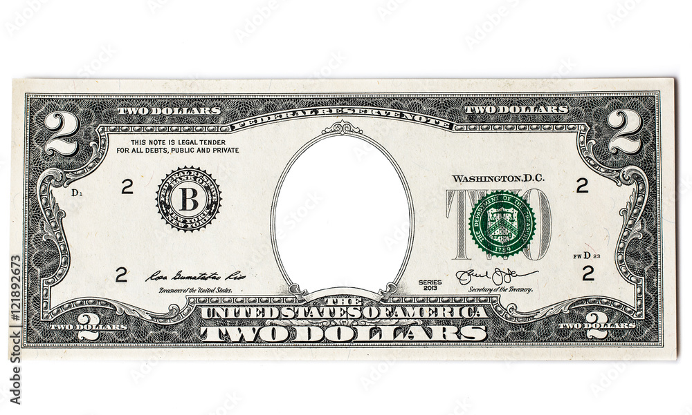 two dollars bills image as a frame for personal photographs on white background