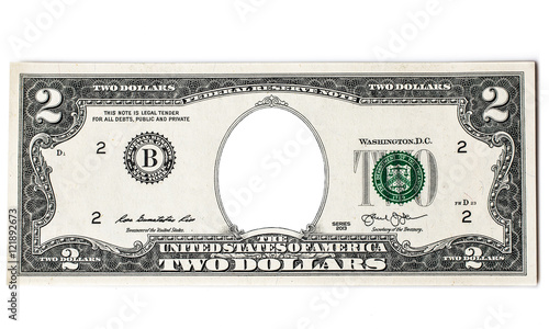 Obraz na płótnie two dollars bills image as a frame for personal photographs on white background w salonie