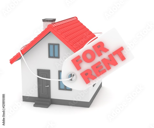 Miniature model of house real estate for rent label on white background. 3D rendering.