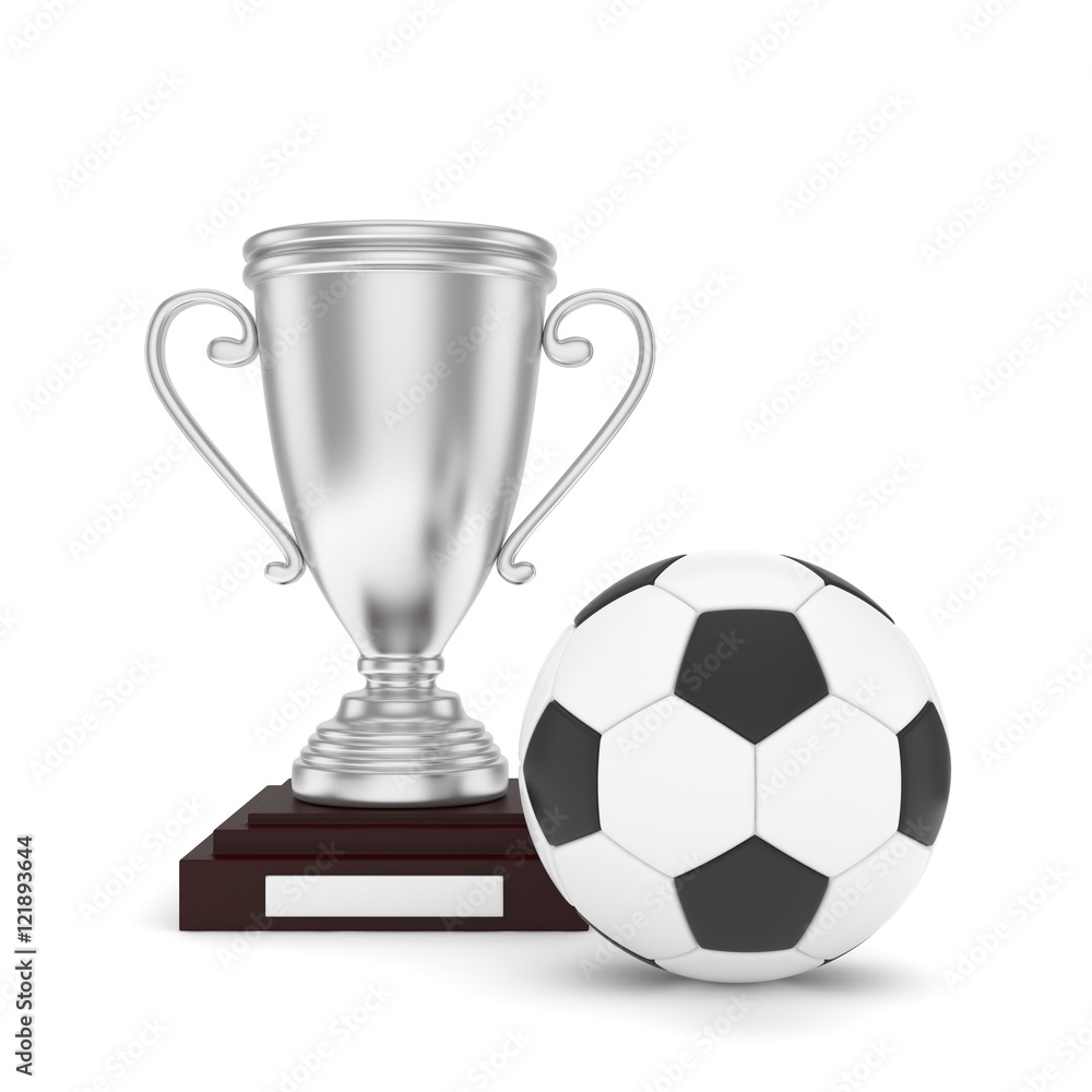 Fototapeta premium Isolated silver cup with ball on white background. Soccer and football. Second place trophy. Game and competition. 3D rendering