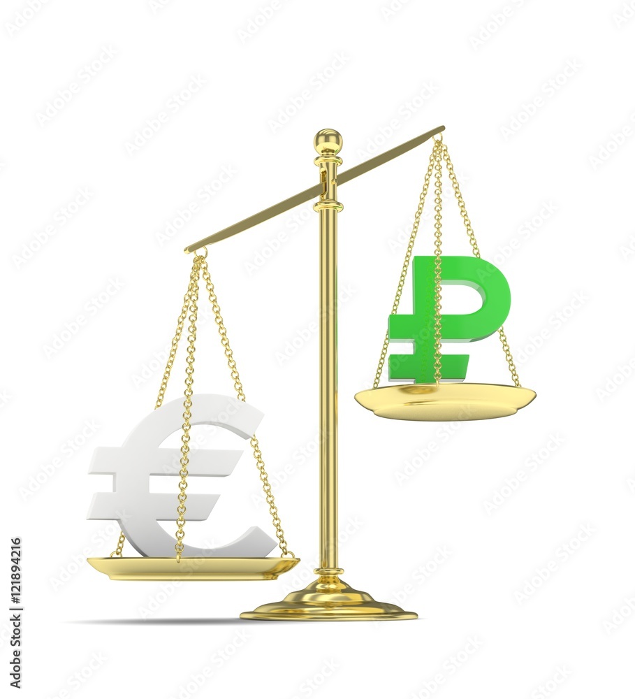 Isolated golden scales with silver euro and green ruble currency. Russian and european finance. Measuring of market stability. 3D rendering. Isolated golden scales with silver euro and green ruble currency. Russian and european finance. Measuring of market stability. 3D rendering.