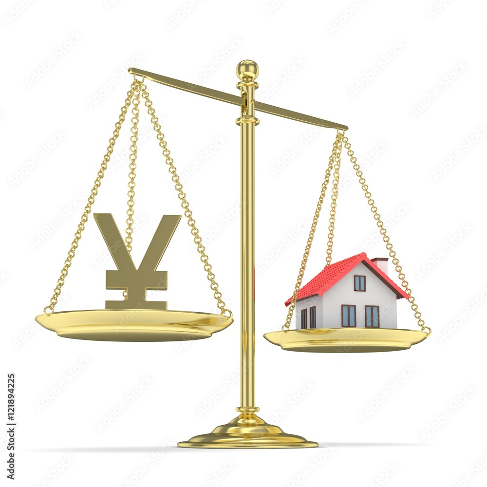 Isolated golden scales with golden yuan and house on white background. Investment or savings concept. Real estate and currency. 3D rendering. Isolated golden scales with golden yuan and house on white background. Investment or savings concept. Real estate and currency. 3D rendering.