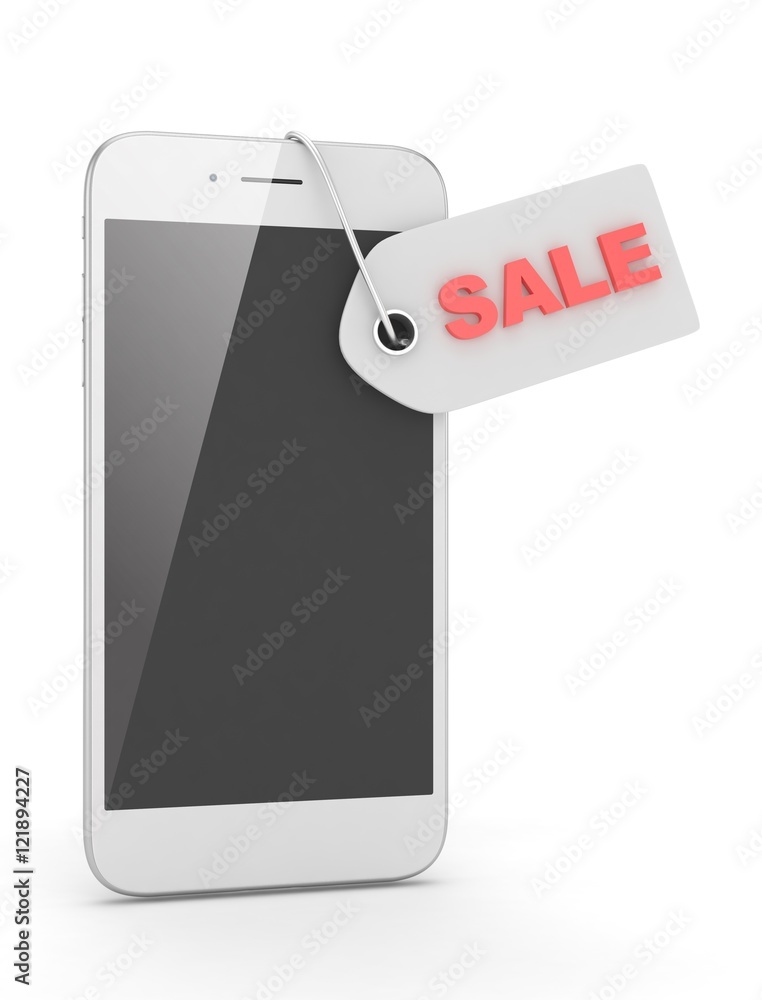 White smart phone with red sale label on white background. Best offer. Leader of sales. 3D rendering. White smart phone with red sale label on white background. Best offer. Leader of sales. 3D rendering.