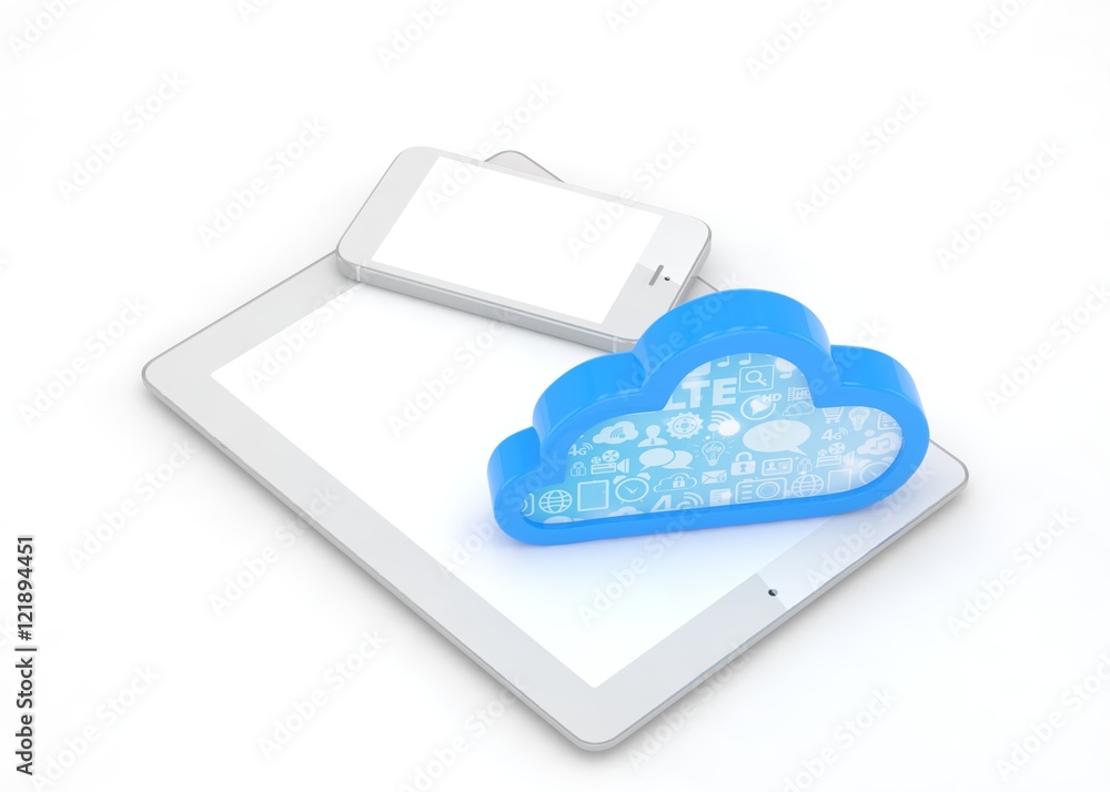 tablet pc, smart phone and cloud. 3d rendering. tablet pc, smart phone and cloud. 3d rendering.