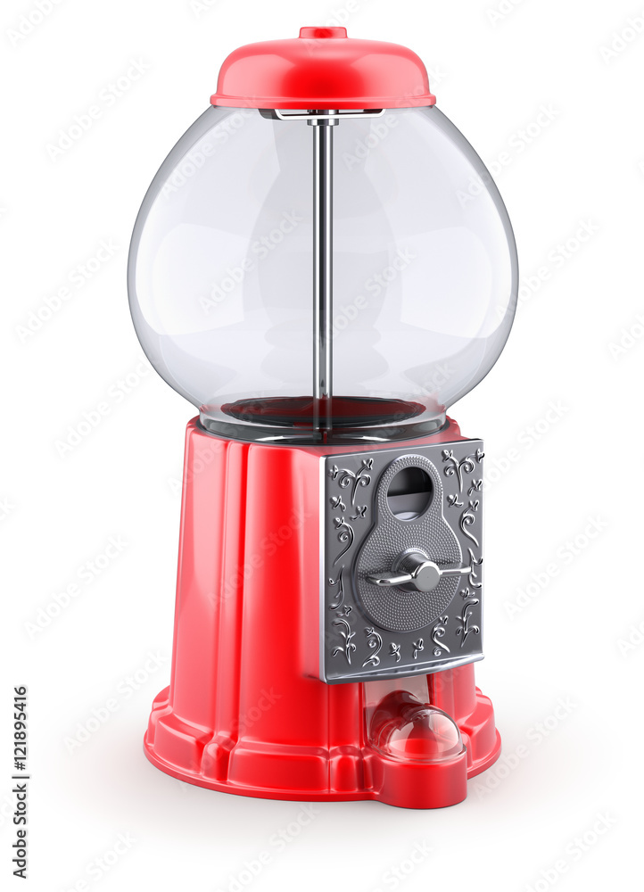 Empty red gumball machine on white background
