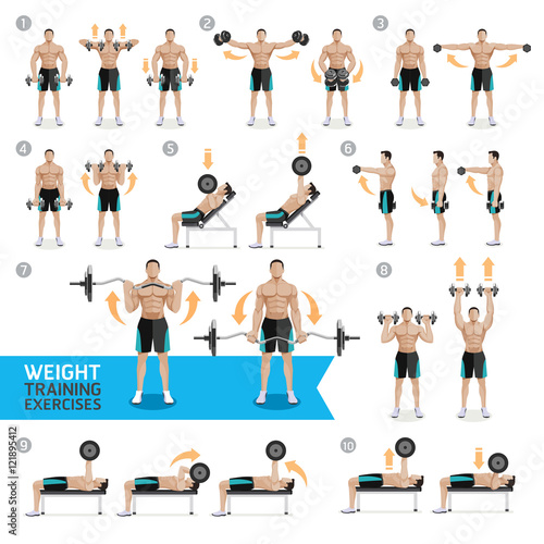 Dumbbell Exercises and Workouts WEIGHT TRAINING. Vector Illustra
