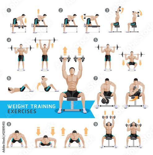 Dumbbell Exercises and Workouts WEIGHT TRAINING. Vector Illustra