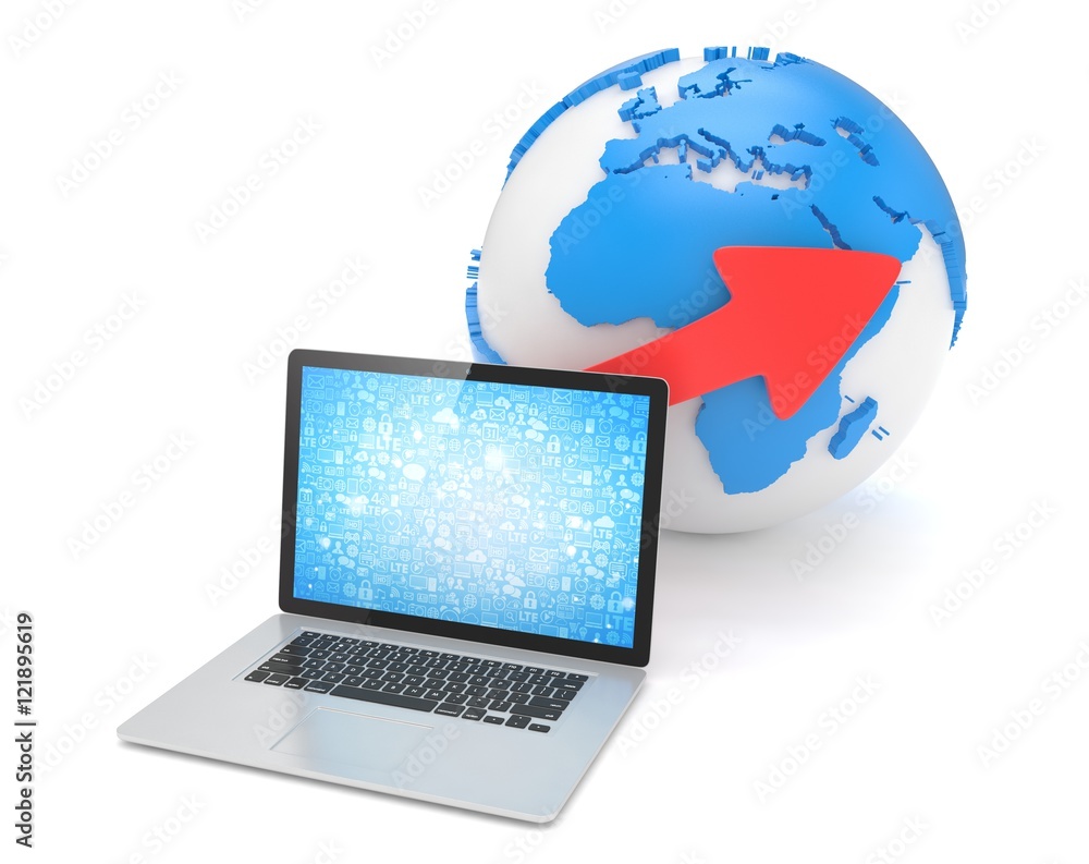 Laptop network and earth globe. 3d render Laptop network and earth globe. 3d render