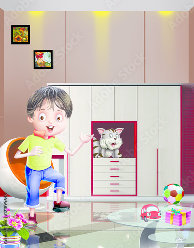 Boy and cat inside a room