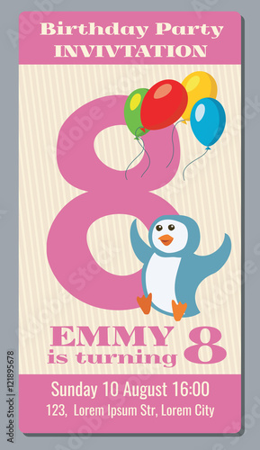Birthday party invitation pass vector ticket with funny penguin for kids 8 years old