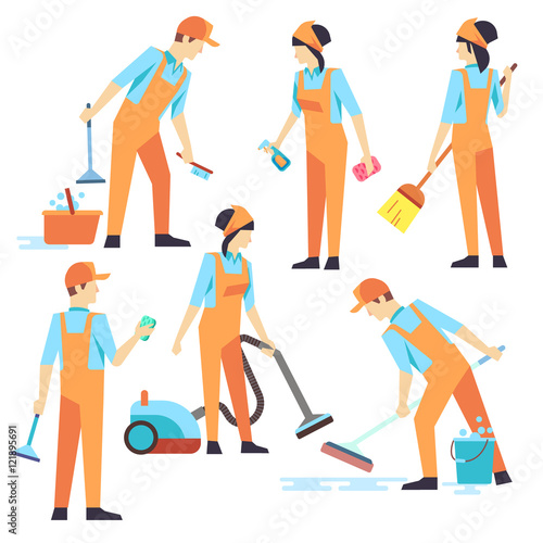 Cleaning staff in different positions. Vector illustration