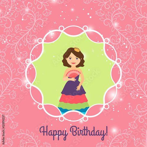 Beautiful cartoon princess with lights on the decorative background. Vector illustration