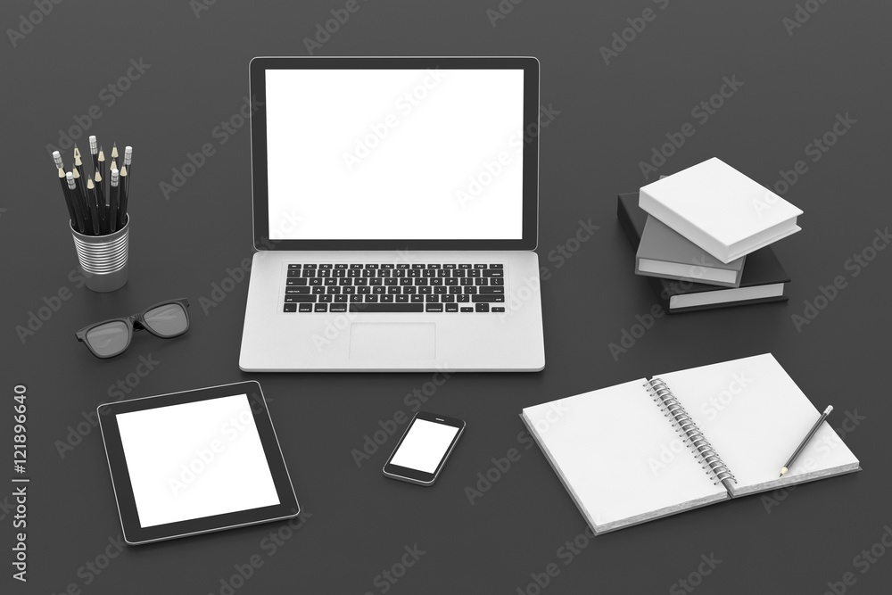 Responsive mockup screens. Laptop, tablet, phone on table. 3d rendering. Responsive mockup screens. Laptop, tablet, phone on table. 3d rendering.