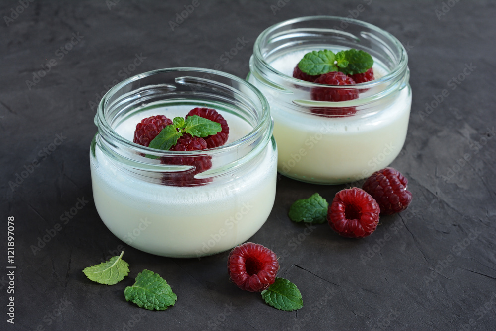 Delicious creamy mousse with fresh raspberries