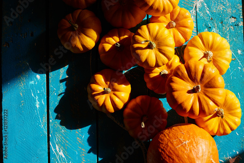 Pumpkin harvest on wooden table